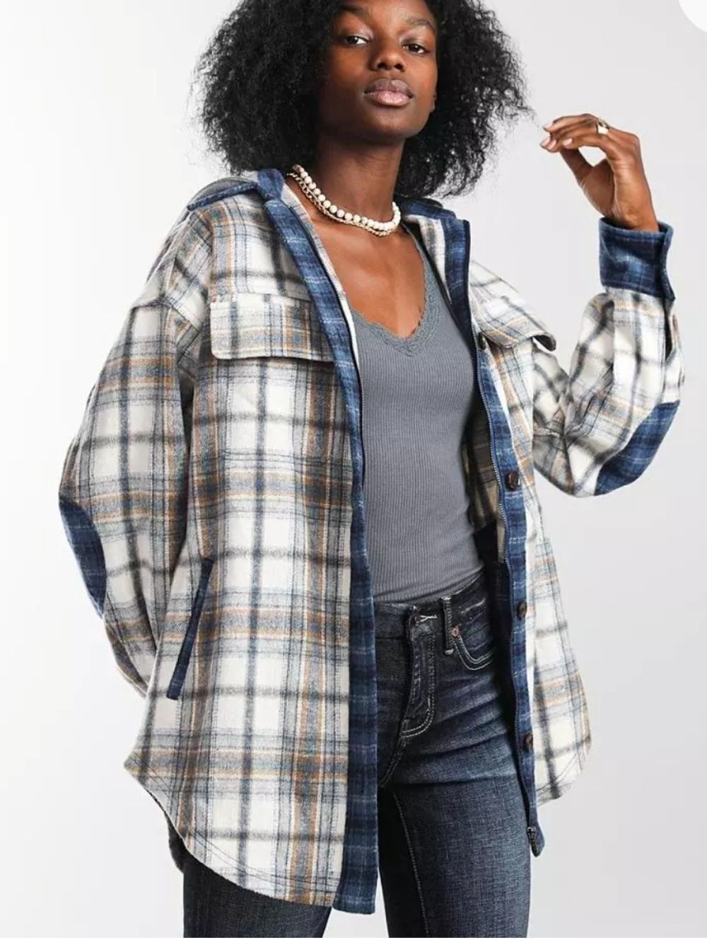 Gilded Intent Blue Hooded Plaid Flannel Full Zip Button Shacket Jacket Cozy Fall